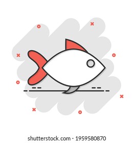 Fish sign icon in comic style. Goldfish vector cartoon illustration on white isolated background. Seafood business concept splash effect.