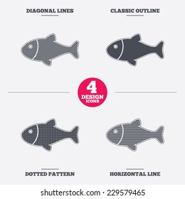 Fish sign icon. Fishing symbol. Diagonal and horizontal lines, classic outline, dotted texture. Pattern design icons.  Vector