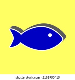 Fish sign illustration. Blue Icon with white stroke in 3d at yellow Background. Illustration.