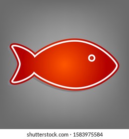 Fish sign illustration. Flat red icon with linear white icon with gray shadow at grayish background. Illustration.