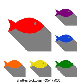 Fish sign illustration. Set of red, orange, yellow, green, blue and violet icons at white background with flat shadow.
