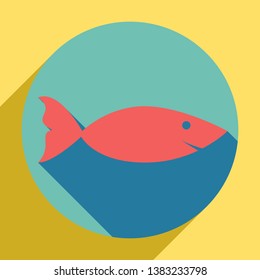 Fish sign illustration. Sunset orange icon with llapis lazuli shadow inside medium aquamarine circle with different goldenrod shadow at royal yellow background.