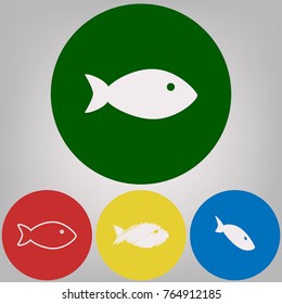 Fish sign illustration. Vector. 4 white styles of icon at 4 colored circles on light gray background.