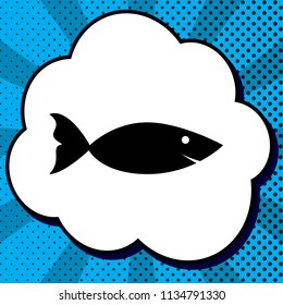 Fish sign illustration. Vector. Black icon in bubble on blue pop-art background with rays.