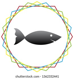 Fish sign illustration. Vector. Black icon with patch of light inside colorful hexagonal frames at white background.