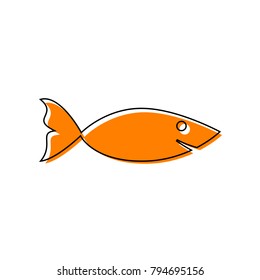 Fish sign illustration. Vector. Black line icon with shifted flat orange filled icon on white background. Isolated.