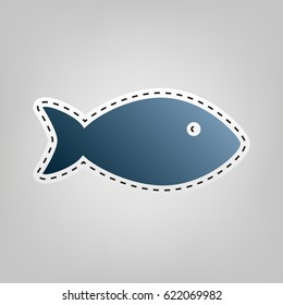 Fish sign illustration. Vector. Blue icon with outline for cutting out at gray background.