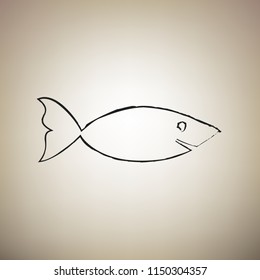 Fish sign illustration. Vector. Brush drawed black icon at light brown background.