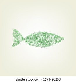 Fish sign illustration. Vector. Green hexagon rastered icon and noised opacity and size at light green background with central light.