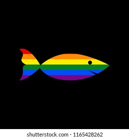 Fish sign illustration. Vector. Icon with colors of LGBT flag at black background.