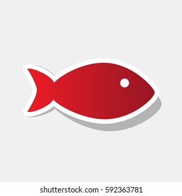 Fish sign illustration. Vector. New year reddish icon with outside stroke and gray shadow on light gray background.