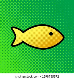Fish sign illustration. Vector. Pop art orange to yellow dots-gradient icon with black contour at greenish background.