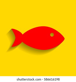 Fish sign illustration. Vector. Red icon with soft shadow on golden background.