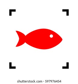Fish sign illustration. Vector. Red icon inside black focus corners on white background. Isolated.