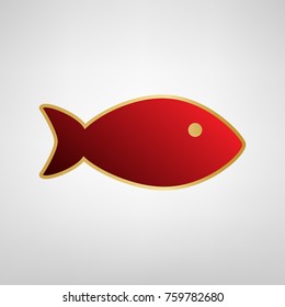 Fish sign illustration. Vector. Red icon on gold sticker at light gray background.
