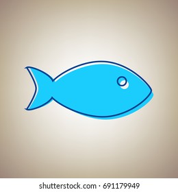 Fish sign illustration. Vector. Sky blue icon with defected blue contour on beige background.
