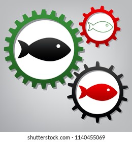 Fish sign illustration. Vector. Three connected gears with icons at grayish background.