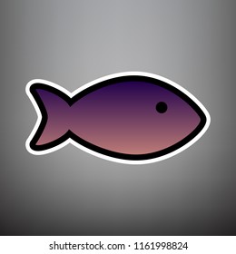 Fish sign illustration. Vector. Violet gradient icon with black and white linear edges at gray background.