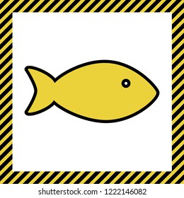 Fish sign illustration. Vector. Warm yellow icon with black contour in frame named as under construction at white background. Isolated.
