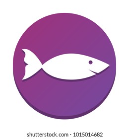 Fish sign illustration. Vector. White icon with flat shadow on purpureus circle at white background. Isolated.