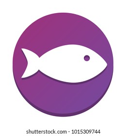 Fish sign illustration. Vector. White icon with flat shadow on purpureus circle at white background. Isolated.