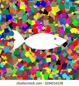 Fish sign illustration. Vector. White icon on colorful background with seamless pattern from squares.
