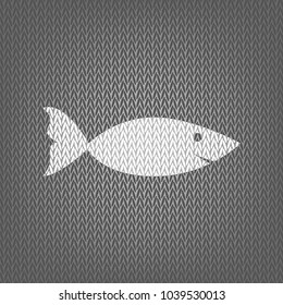 Fish sign illustration. Vector. White knitted icon on gray knitted background. Isolated.
