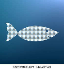 Fish sign illustration. Vector. White textured icon at lapis lazuli gradient background.