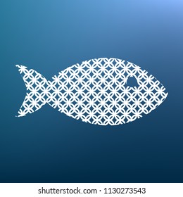 Fish sign illustration. Vector. White textured icon at lapis lazuli gradient background.