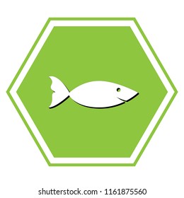 Fish sign illustration. Vector. White icon with black shadow at yellow green honeycomb on white background.