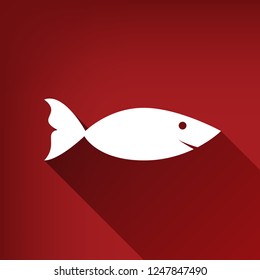 Fish sign illustration. Vector. White icon with limitless shadow at ruby red background.
