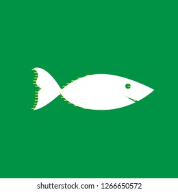 Fish sign illustration. Vector. White flat icon with yellow striped shadow at green background.