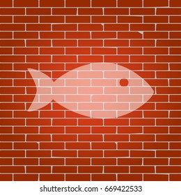 Fish sign illustration. Vector. Whitish icon on brick wall as background.