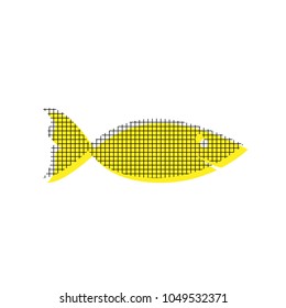 Fish sign illustration. Vector. Yellow icon with square pattern duplicate at white background. Isolated.