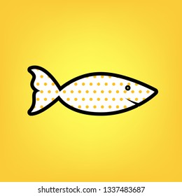 Fish sign illustration. Vector. Yellow polka dot white icon with black contour at warm yellow background.