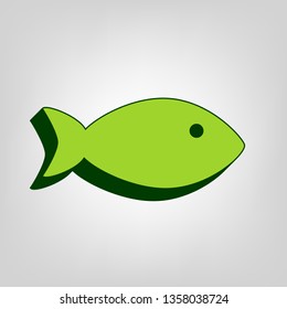 Fish sign illustration. Vector. Yellow green solid icon with dark green external body at light colored background.