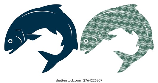 Fish silhouette, aquatic creature, dynamic pose, flowing wavy pattern, detailed art