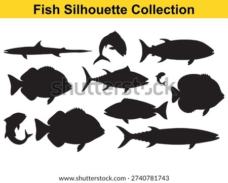Fish silhouette collection set with multiple marine species outlines in black, including tuna, swordfish and reef fish shapes, isolated on white for design use