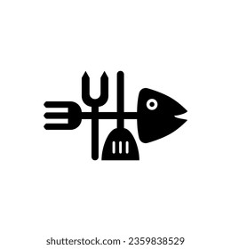 Fish silhouette with cutlery for cooking including kitchen spatula and fork.