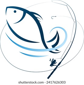 Fish silhouette and fishing rod with fishing line. Design for fishing and sport fishing