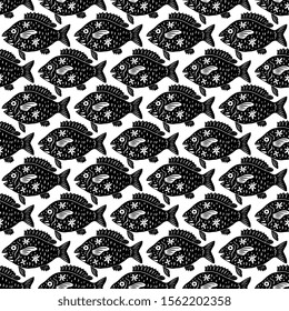 Fish silhouette hand drawn seamless pattern. Repeating vector illustration of Red Snapper in cartoon linocut style. 