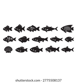 Fish Silhouette Icon Set — Bold Flat Vector Collection of 12 Diverse Black Fish Species Including Carp, Bream, Mackerel, Tuna and Tropical Fish for Seafood Branding, Fishing Logo and Marine Design