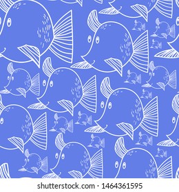 Fish, silhouette, linear drawing, seamless pattern, vector illustration