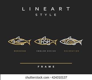 Fish silhouette in linear style. Fish Elegant emblem, icon,  logo design illustration. 