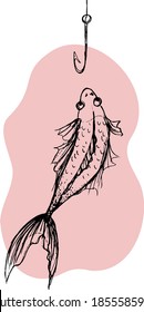Fish silhouette on a hook black line art isolated on a pink background. Vector illustration of doodle hand drawing