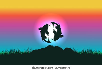 Fish silhouette on rainbow landscape background illustration. Vector graphic eps 10.