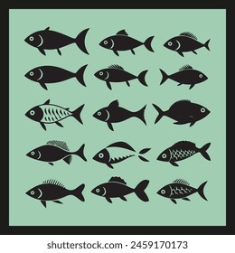 Fish silhouette set Clipart on a hex color background