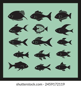 Fish silhouette set Clipart on a hex color background