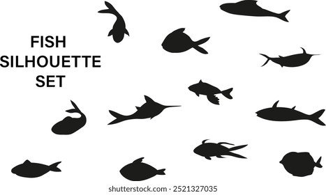 fish silhouette. set of different fish silhouettes on a white background. fish silhouette png.	
