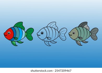 fish silhouette vector drawing color kids books illustration isolated on background.